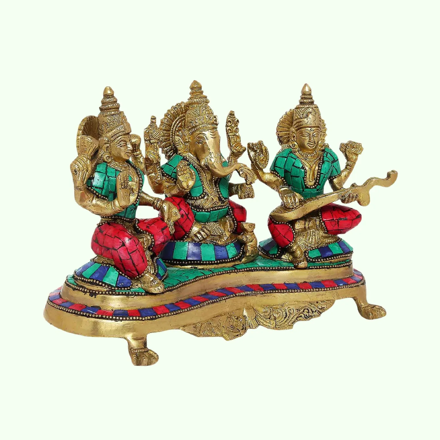 Brass Ganesha Laxmi Saraswati in Stonework 10 in x 6 in