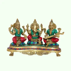 Brass Ganesha Laxmi Saraswati in Stonework 10 in x 6 in