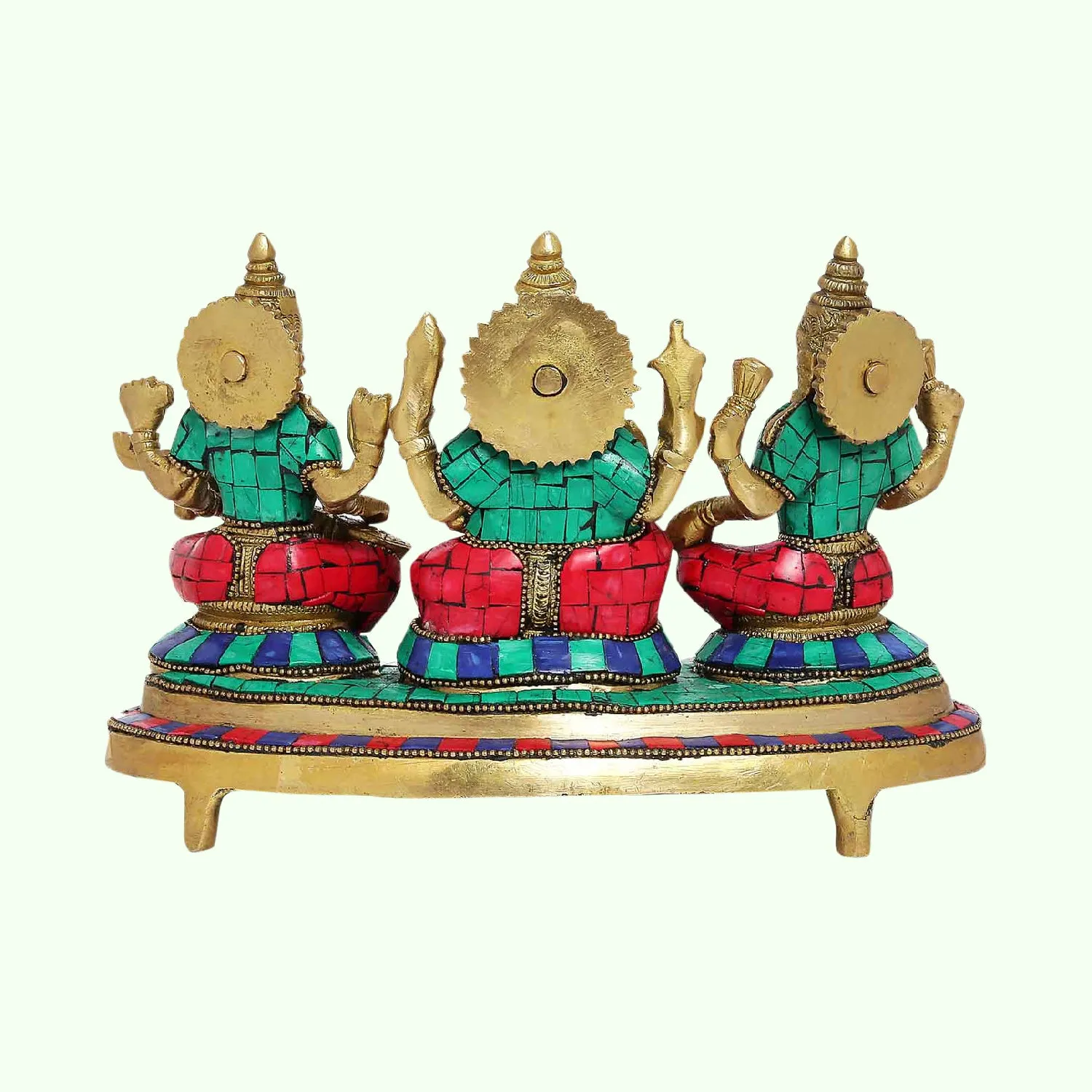 Brass Ganesha Laxmi Saraswati in Stonework 10 in x 6 in